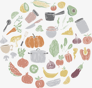 卡通手绘-圆形手绘的瓜果蔬菜